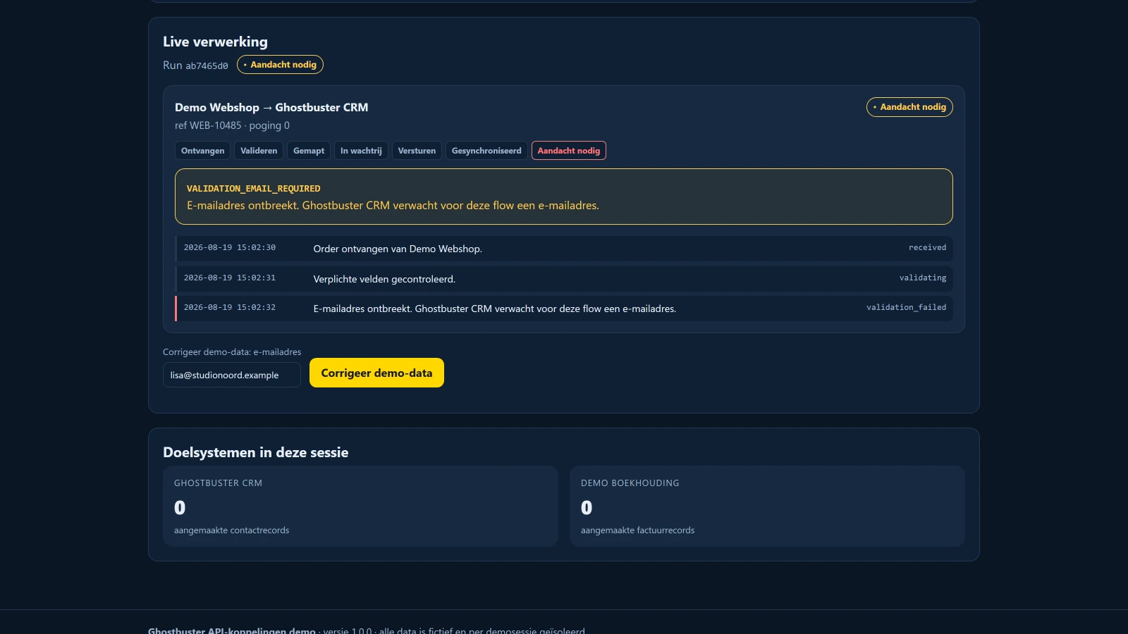 Ghostbuster API-demo met validatiefout voor onvolledige gegevens