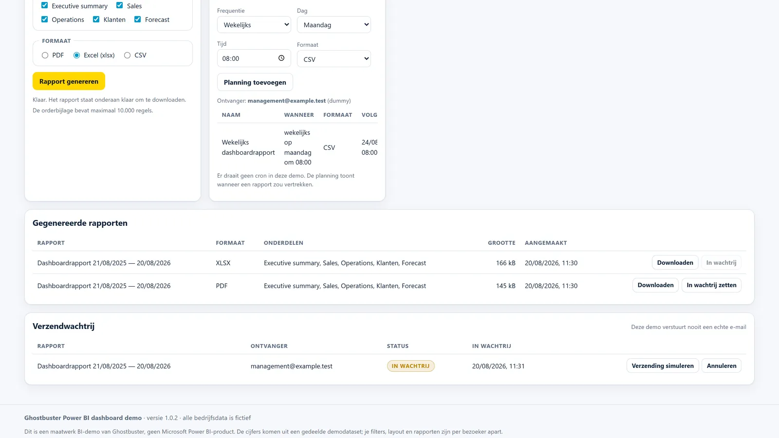 Power BI-demo met rapportgenerator voor PDF Excel en CSV en rapportplanning